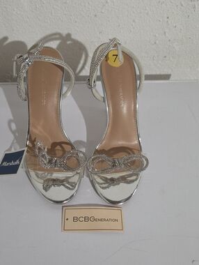 BCBGeneration Illara Silver Crystal Bow Ankle-Strap Heels